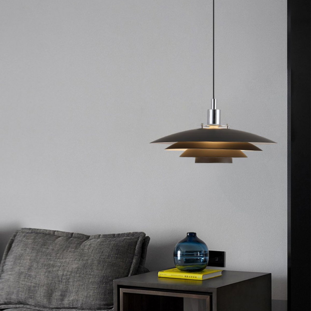 Layered Metal Pendant Light With Downward Directed Geometric Shade