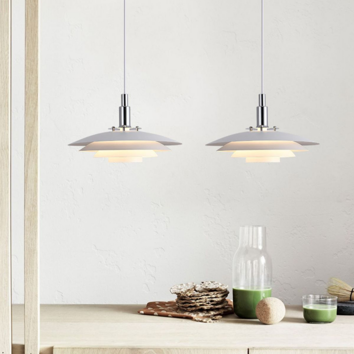 Layered Metal Pendant Light With Downward Directed Geometric Shade