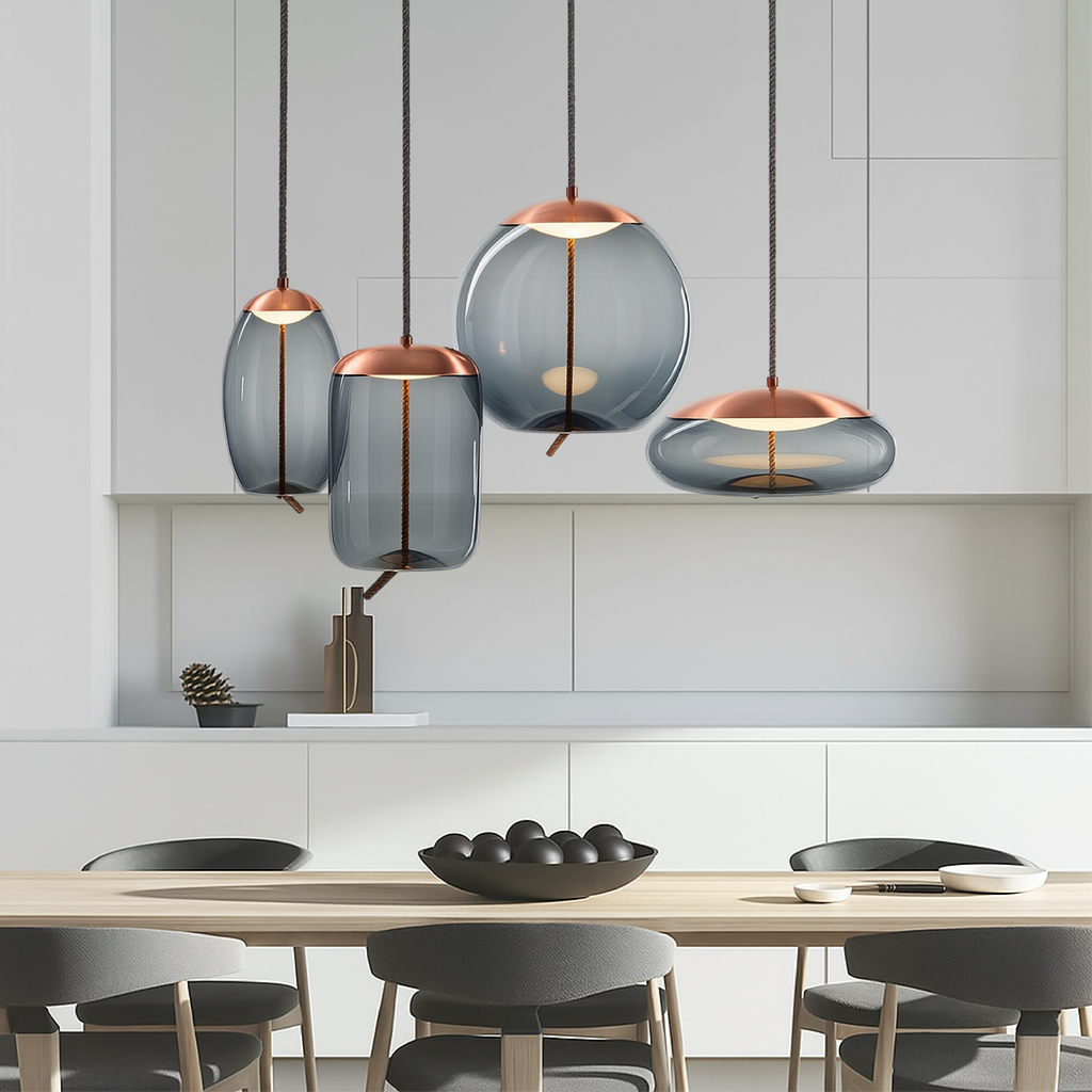 Rose Gold Smoked Glass Pendant Light Height Adjustable Ceiling Lamp