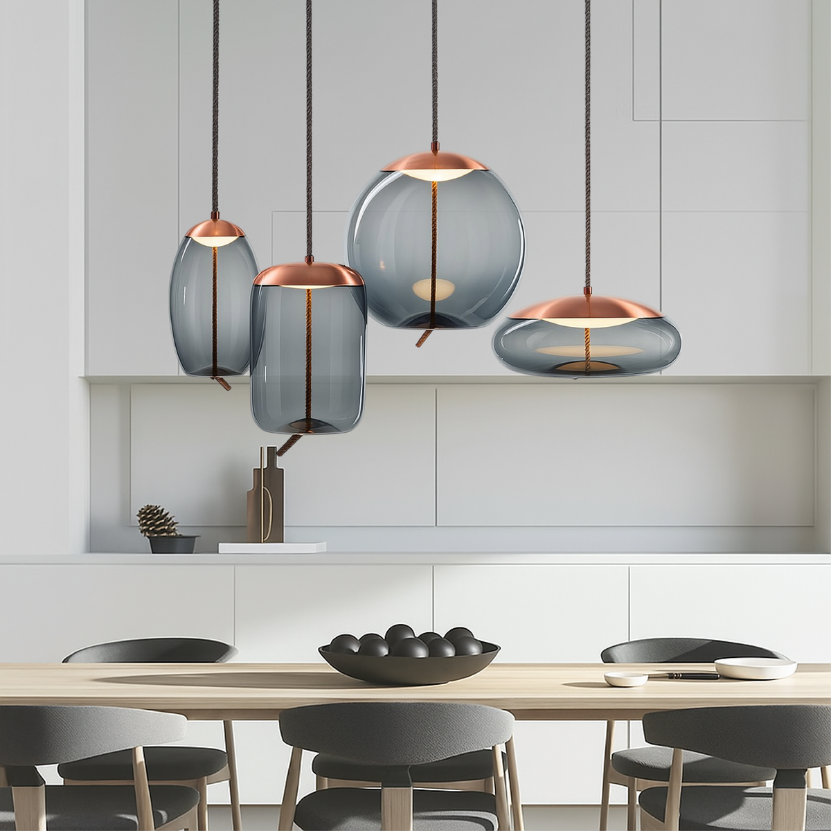Rose Gold Smoked Glass Pendant Light Height Adjustable Ceiling Lamp