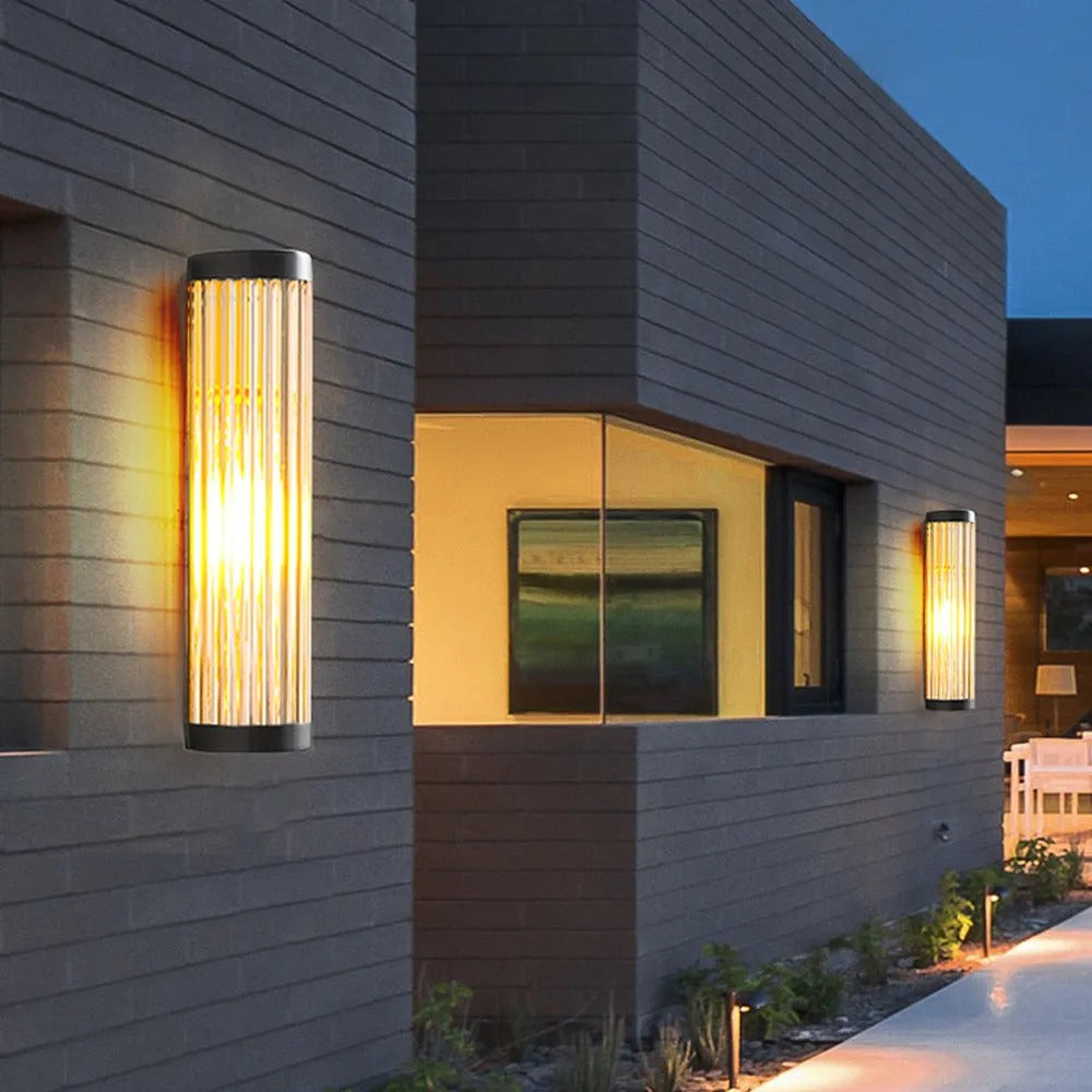 Modern Semi Cylinder Outdoor Wall Sconce Light With Metal Frame And Glass Shade