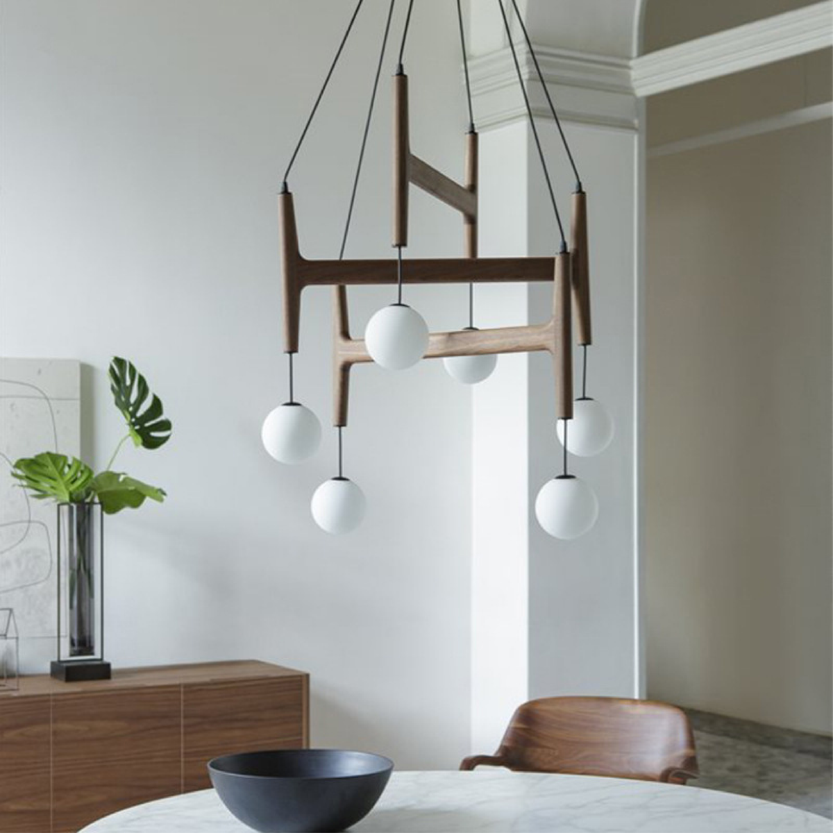 Modern Wood And Glass Sculptural Chandelier For Indoor Lighting