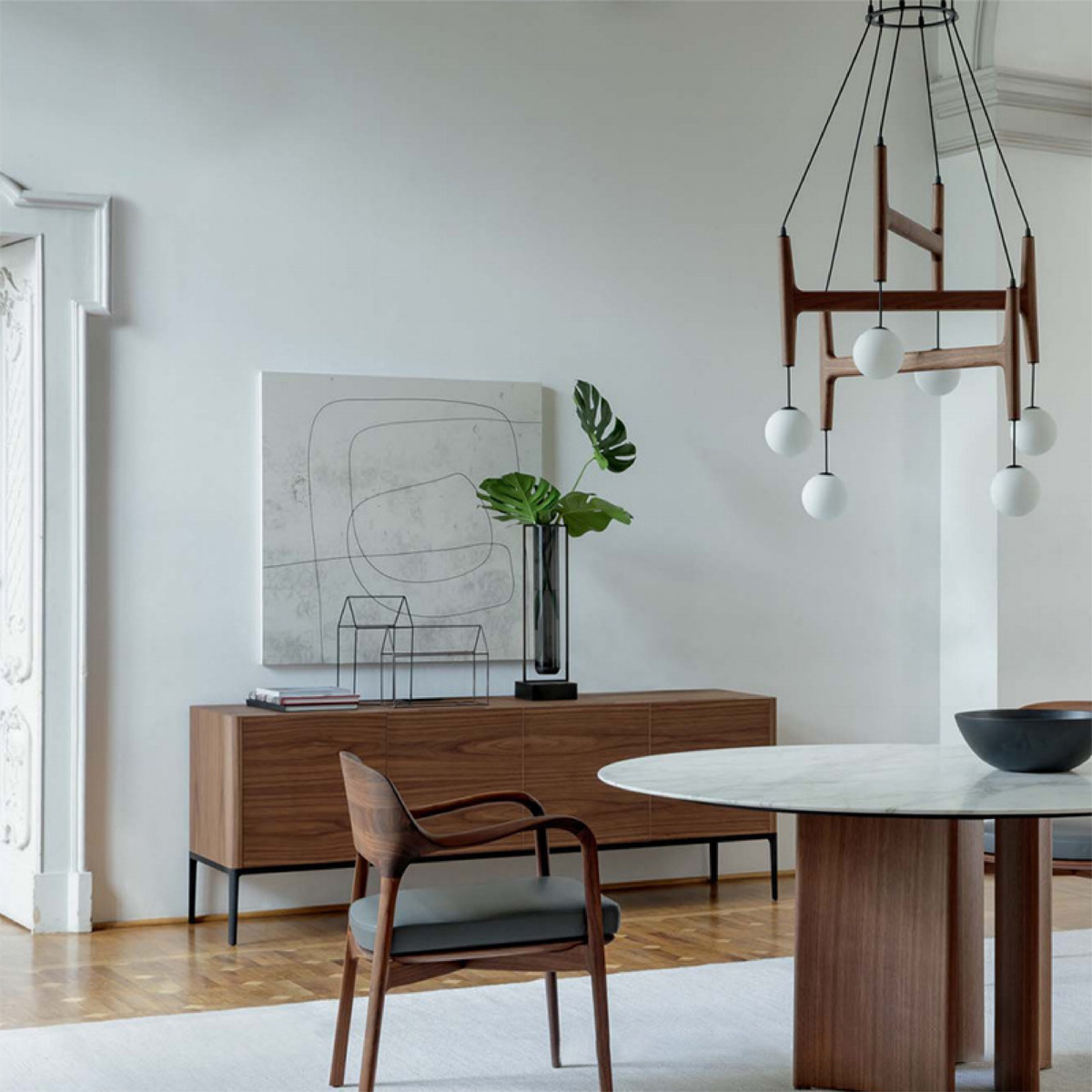 Modern Wood And Glass Sculptural Chandelier For Indoor Lighting