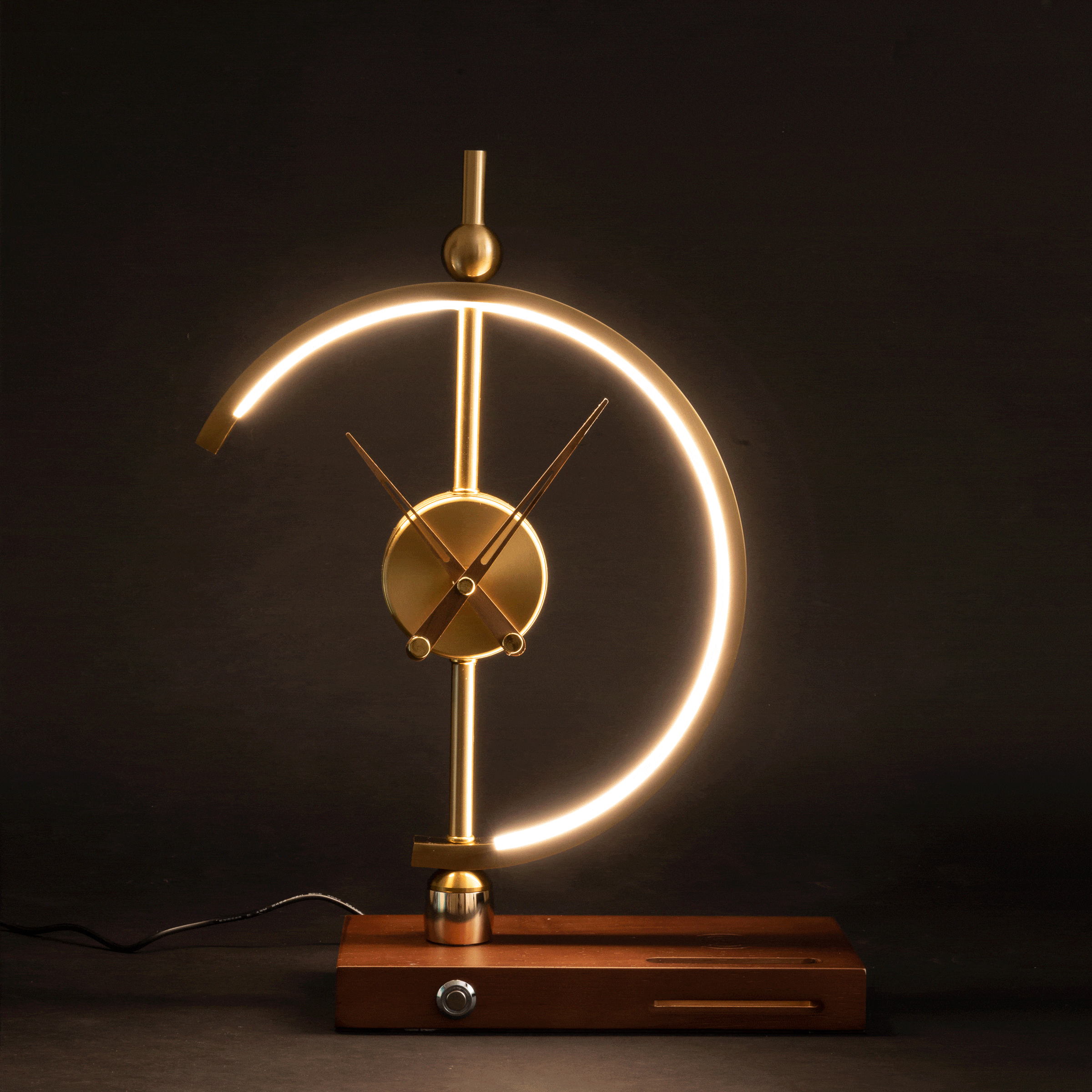 LED Table Lamp With Clock And Wooden Base For Ambient Lighting