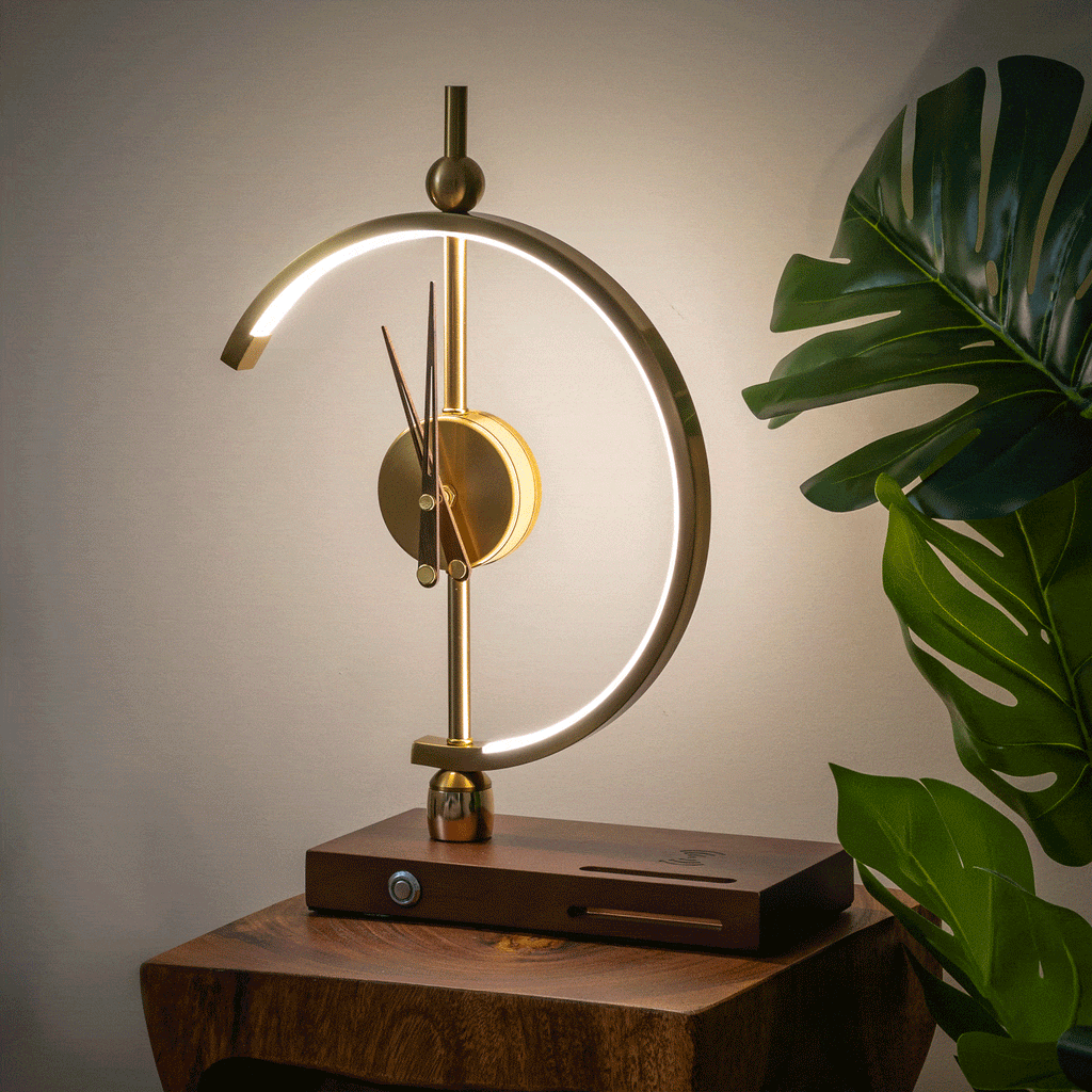 LED Table Lamp With Clock And Wooden Base For Ambient Lighting