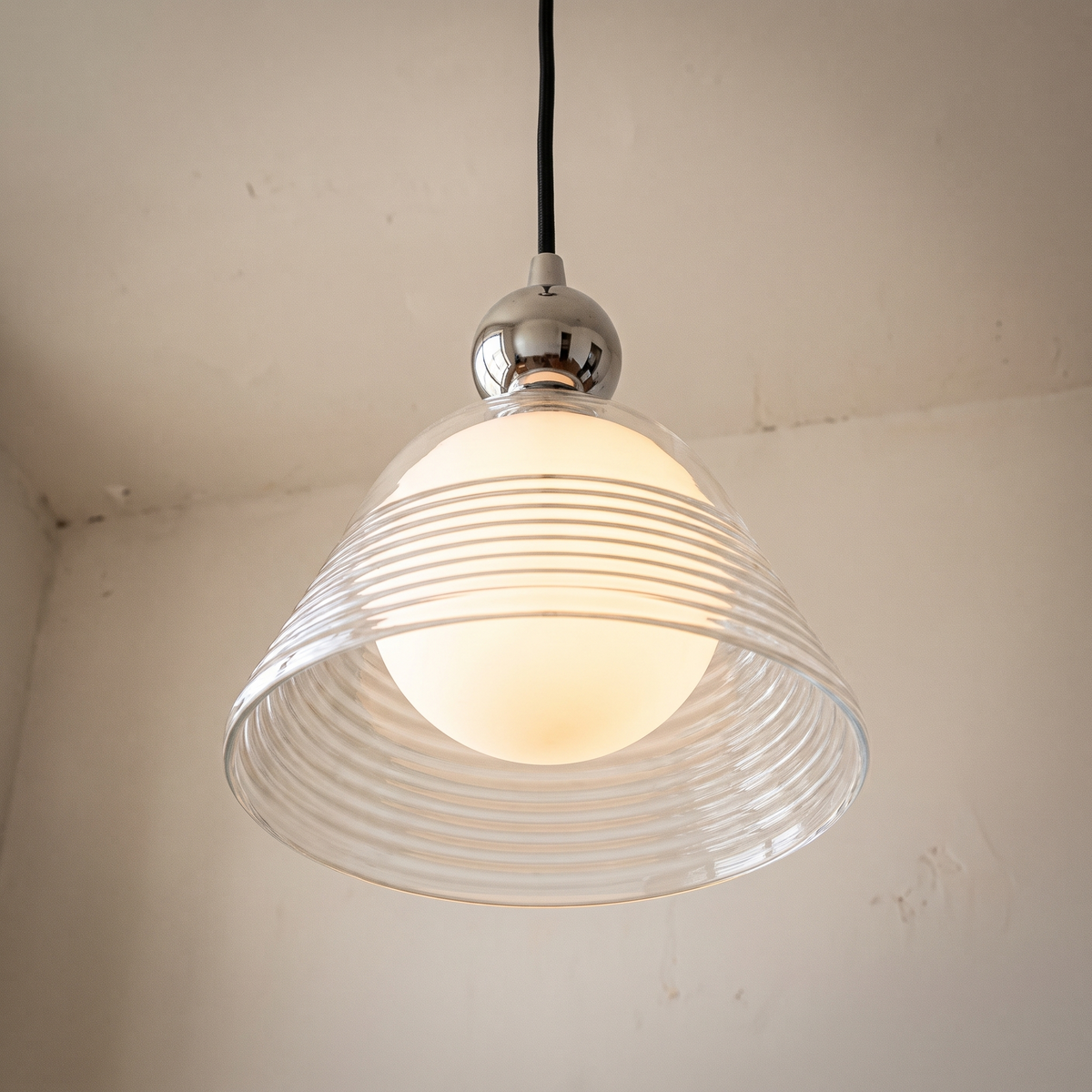 Ribbed Glass Pendant Light with Double Layer Shade for Soft Illumination