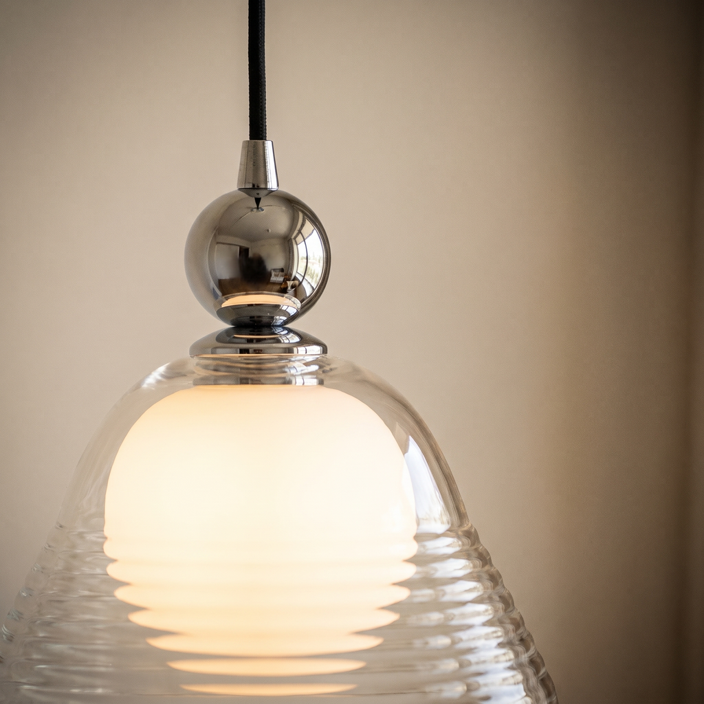 Ribbed Glass Pendant Light with Double Layer Shade for Soft Illumination