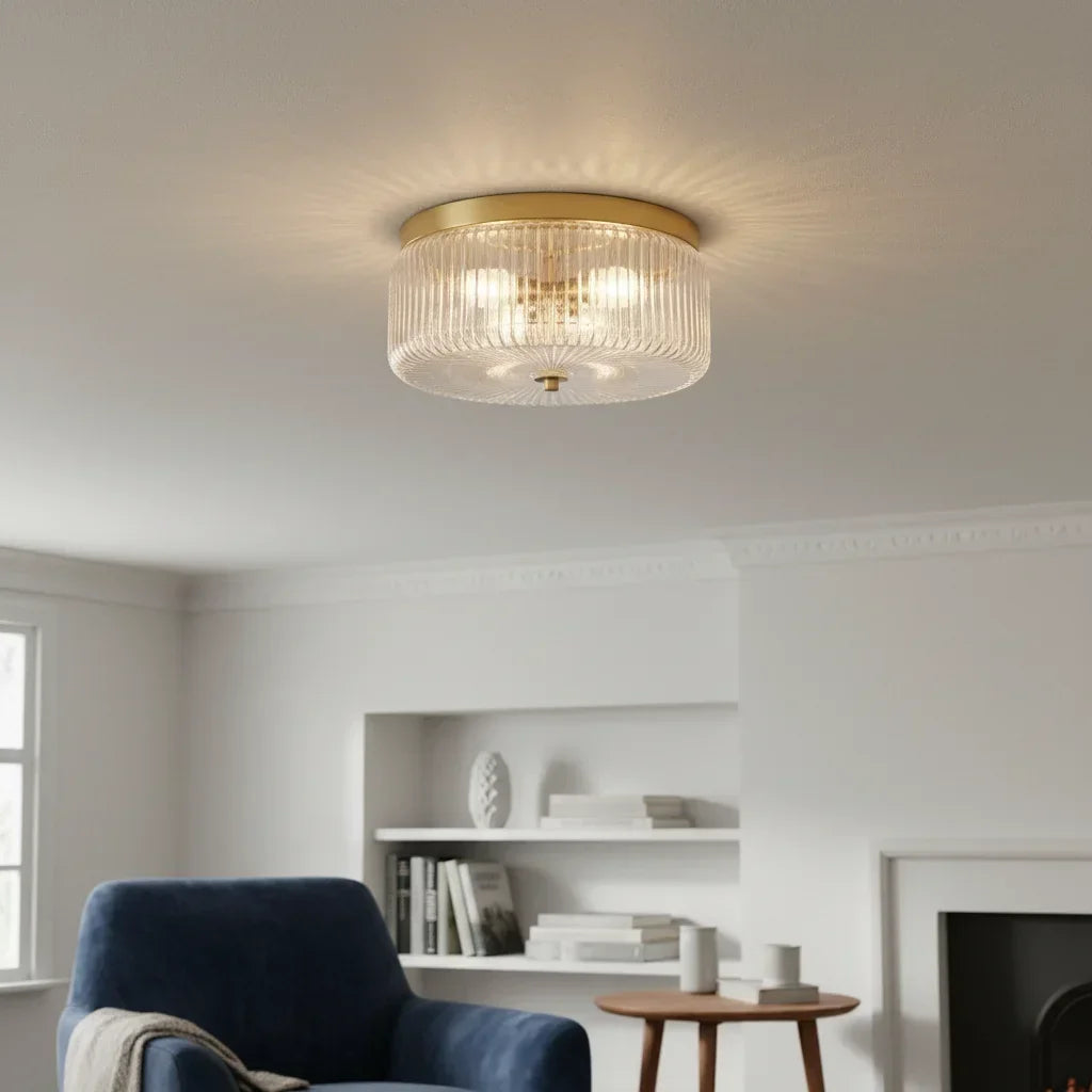 Round Ribbed Glass Ceiling Light with Gold Finish for Ambient Lighting